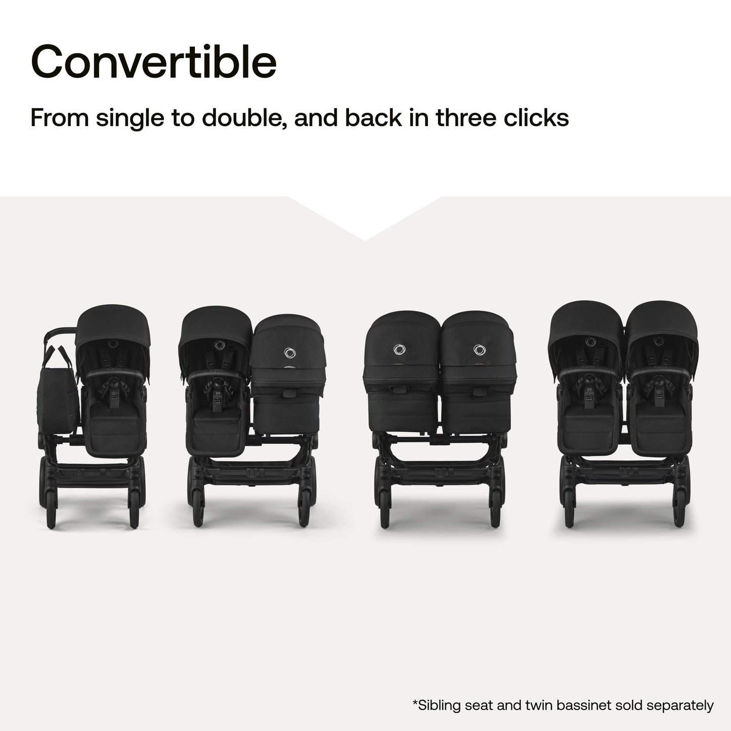 Bugaboo Donkey 6 Sibling Seat – Complete Second Seat Kit for Side-by-Side Double Stroller Conversion, Reversible & Reclining Toddler Seat with Sun Canopy – Moon Grey