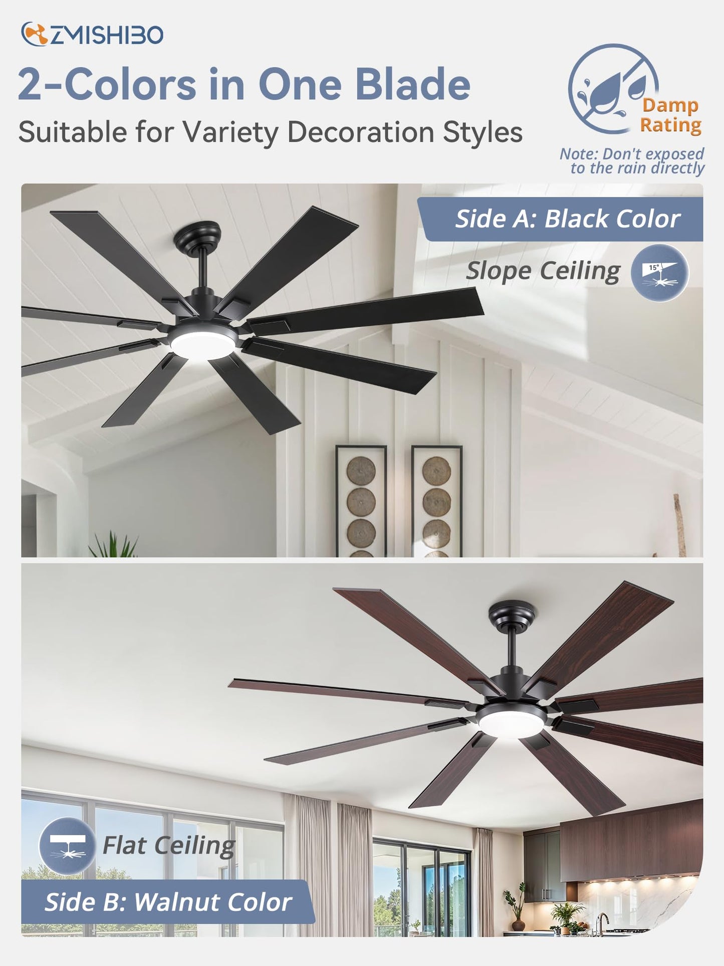 ZMISHIBO 65 Inch Ceiling Fans with Lights and Remote, Black Large Ceiling Fan with 3000-6000K Dimmable, Quiet Reversible DC Motor, 6 Speeds, 8 Blades Indoor/Outdoor Ceiling Fan for Patios Living Room
