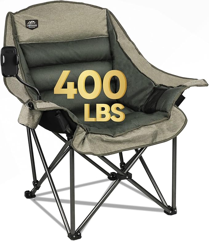 LANMOUNTAIN Oversized XL Folding Camping Chair,Heavy Duty Support 400Lbs,Large Comfy Padded Camp Chair for Adults,Lawn Arm Chair w/Cup Holder,Phone Holder,Carry Bag Perfect for Outdoor (Brown