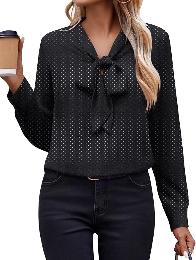 Zeagoo Womens Blouses Chiffon Long Sleeve Shirts Bow Tie Neck Work Tops Business Casual Outfits