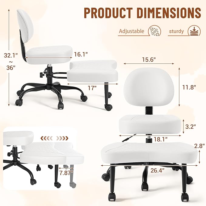 Homall Ergonomic Cross Legged Office Desk Chair with Wheels, 360° Swivel and Adjustable Height for Meditation and ADHD,Criss Cross Kneeling Chair with Lumbar Support (Leather, White)
