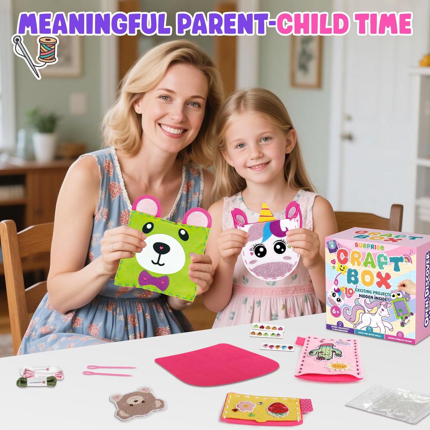 Sewing Kit for Beginner Kids, 10Pcs Unicorn Bear DIY Arts and Crafts Box, Felt Art Projects, Blind Box Craft Supplies, Learn to Sew Embroidery Kit, Birthday Gift for Girls 3 4 5 6 7 8 Years Old