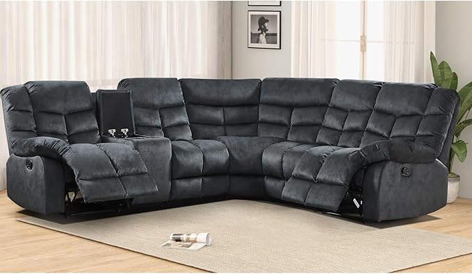 EBELLO Manual Reclining Sectional Sofa Set for Living Room, Soft Fabric Recliner Corner Sectional Couch with Center Console, Cup Holder and Storage, Grey
