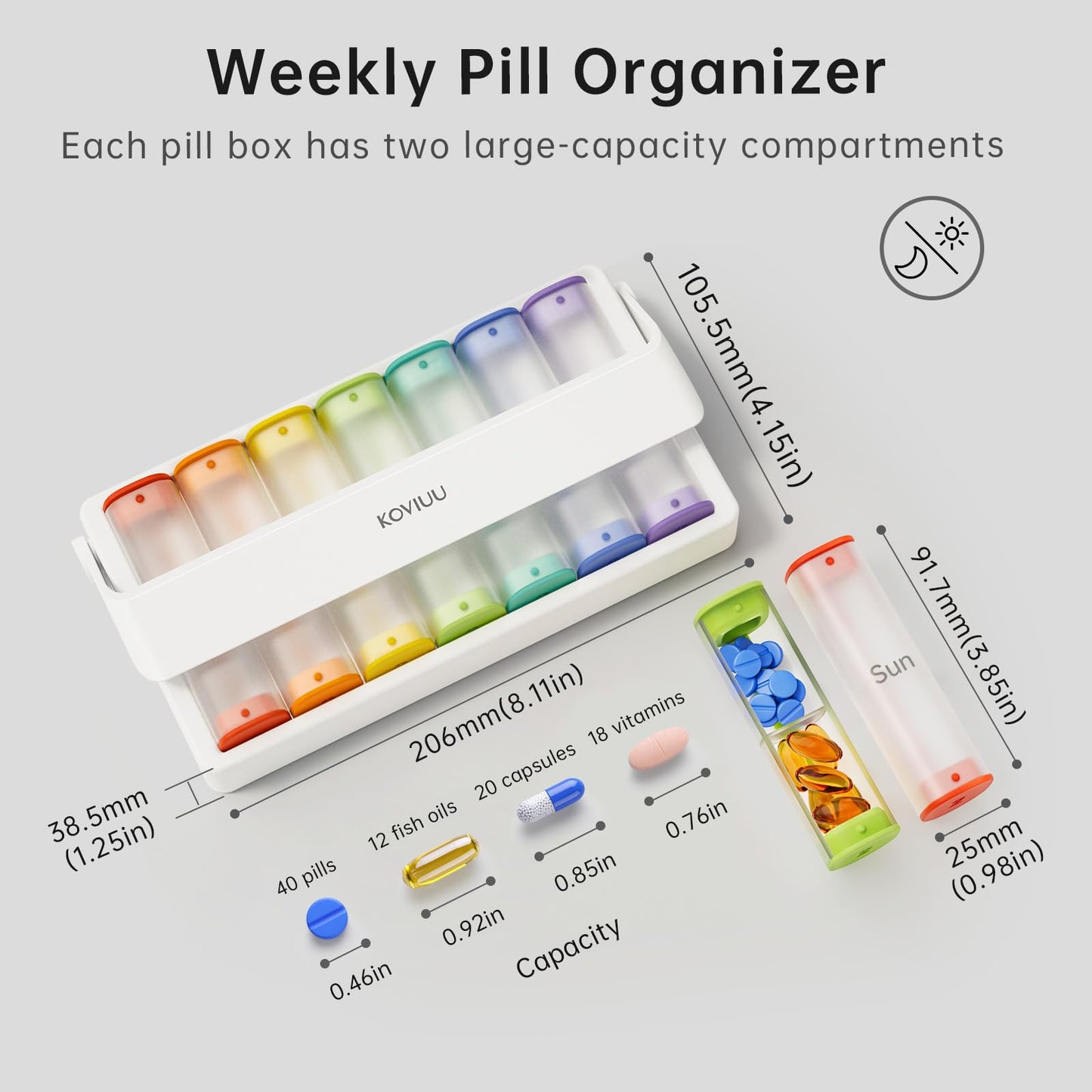 Weekly Pill Organizer 2 Times a Day, KOVIUU Large Travel Pill Box 7 Day, Am Pm Twice Daily Pill Case with Rotatable Handle, Pill Holder Container for Vitamin, Medicine, Supplement, Translucent-White