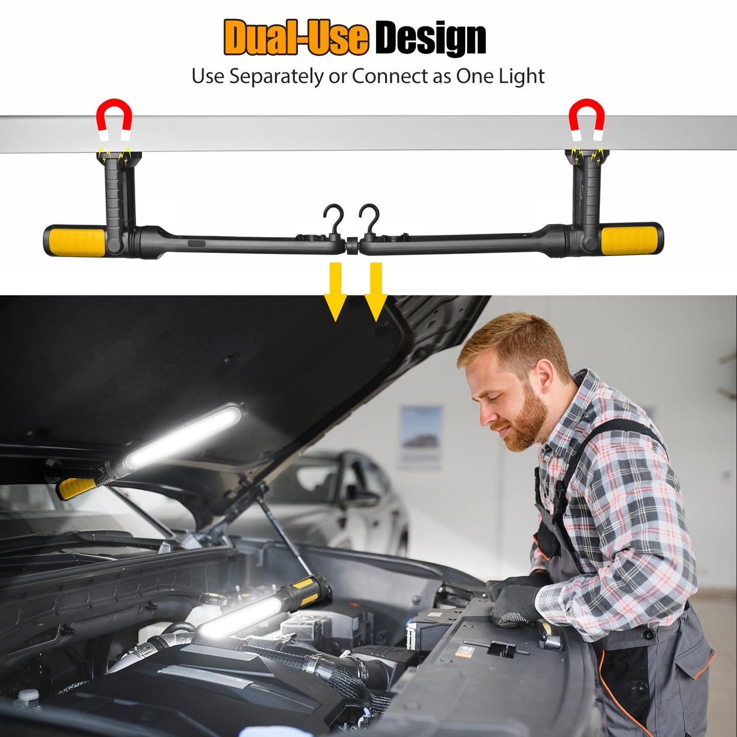 SYLSTAR Mechanic Work Light Bar with Upgraded Sensor Control - 2400LM LED, 4400mAh Rechargeable Underhood Work Light with Hooks & Magnetic Base for Car Repairing, Garage Workshop, Emergency
