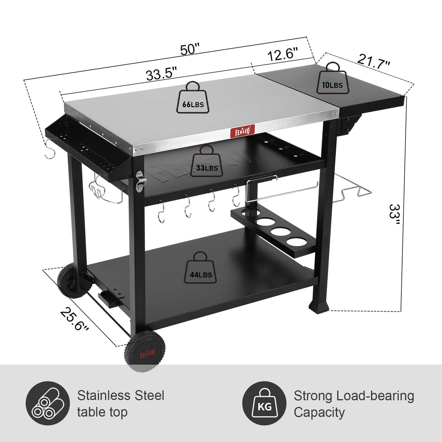 Feasto Outdoor Grill Table Cart, Pizza Oven Stand for Outdoor Indoor, 50" x 22" Stainless Steel Tabletop Dining BBQ Grill with Wheels for Food Prep, 3-Shelf Kitchen Cart with Cover