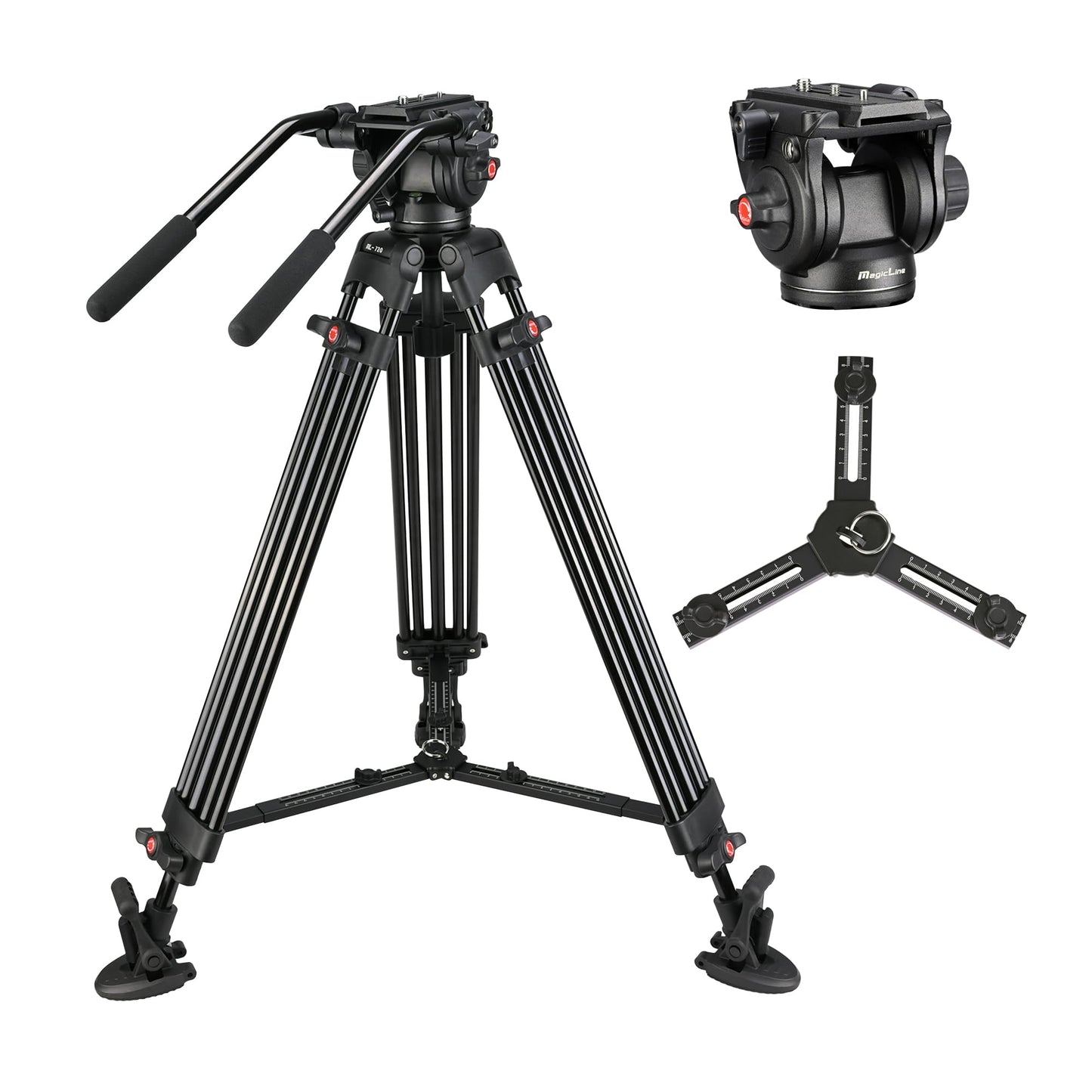 MagicLine 65.7" Aluminum Video Tripod,Heavy Duty Camera Tripod Stand with 2 Handles & 360°Fluid Head & Adjustable Metal Middle Spreader,2 QR Plates for DSLR Camcorder Cameras(Max Load 26.5 lb)