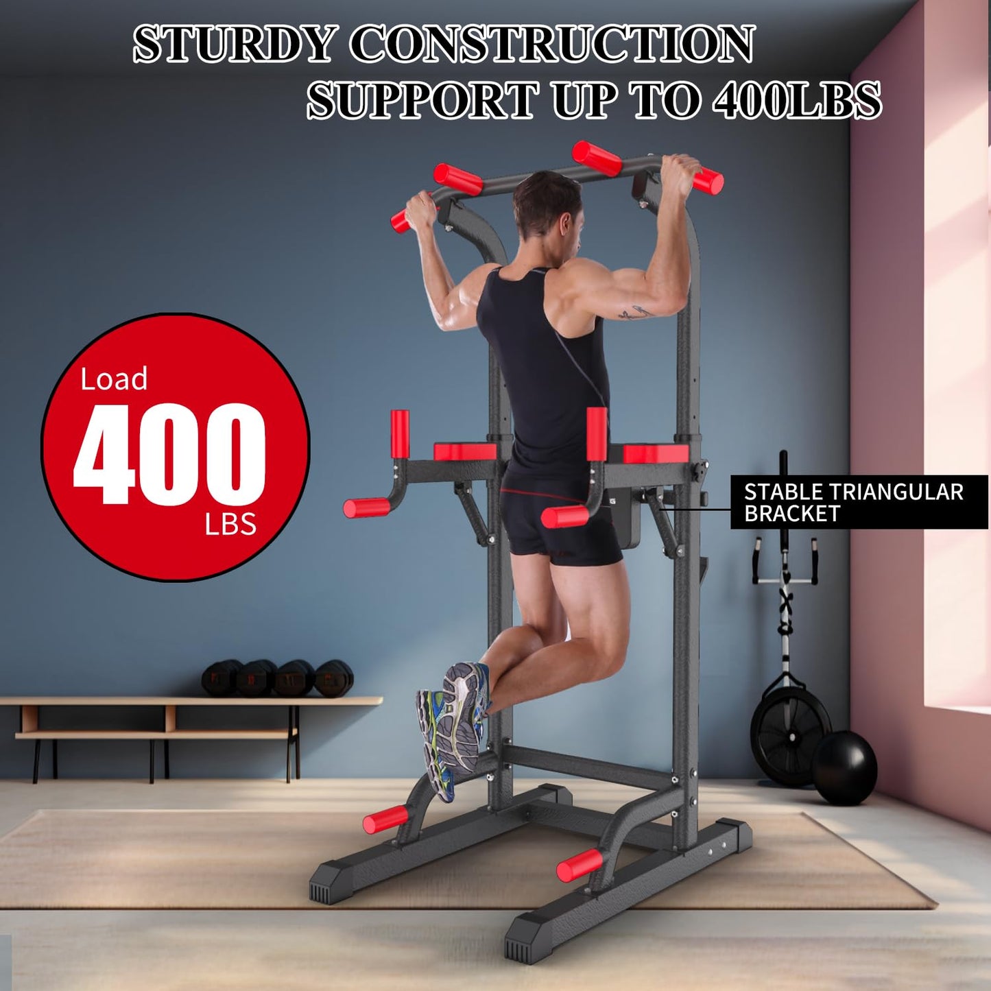 Power Tower Dip Station, Pull Up Bar Station & Multi-Function Gym Equipment For Home Strength Training Adujustable Height Up to 85.5",Load 400LBS