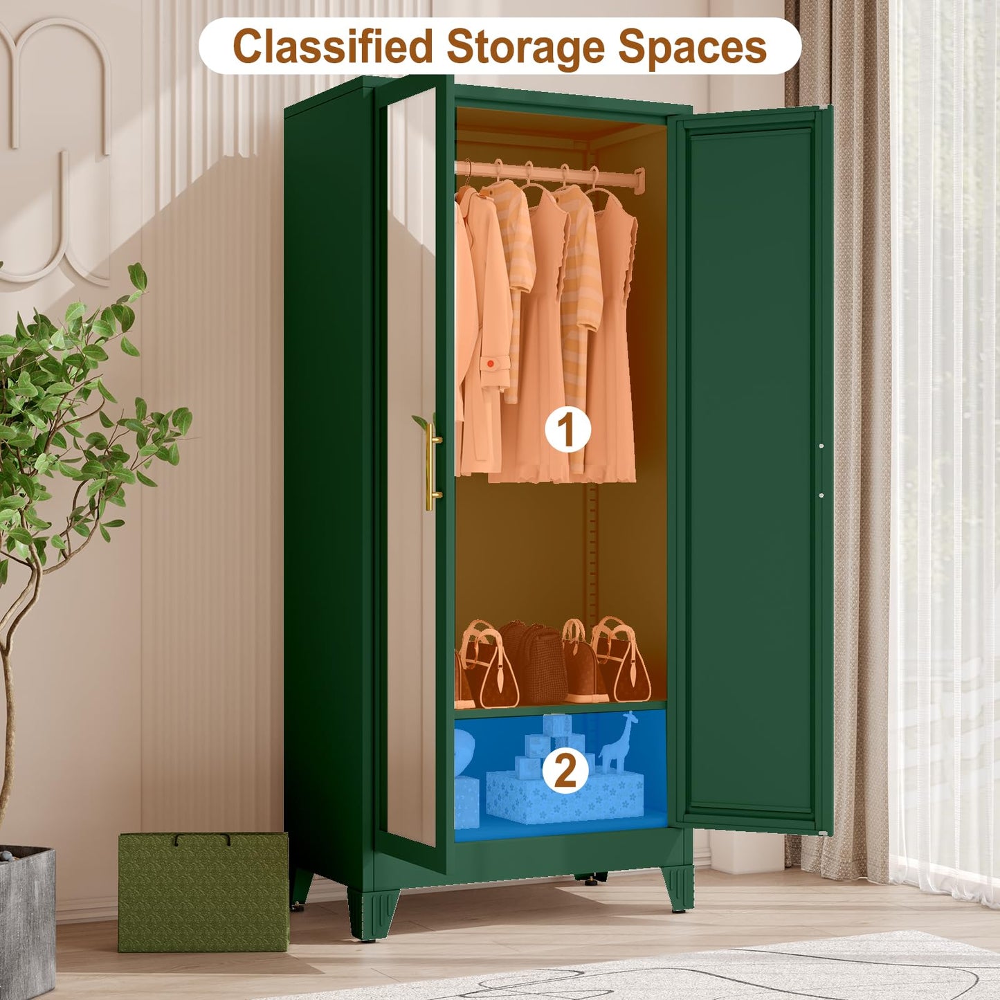 Metal Armoire Wardrobe Closet Storage Cabinet with Mirror, 71'' Wardrobe Cabinet with Hanging Rod Metal Closet with 2 Adjustable Shelves for Bedroom, Laundry Room, Cloak Room