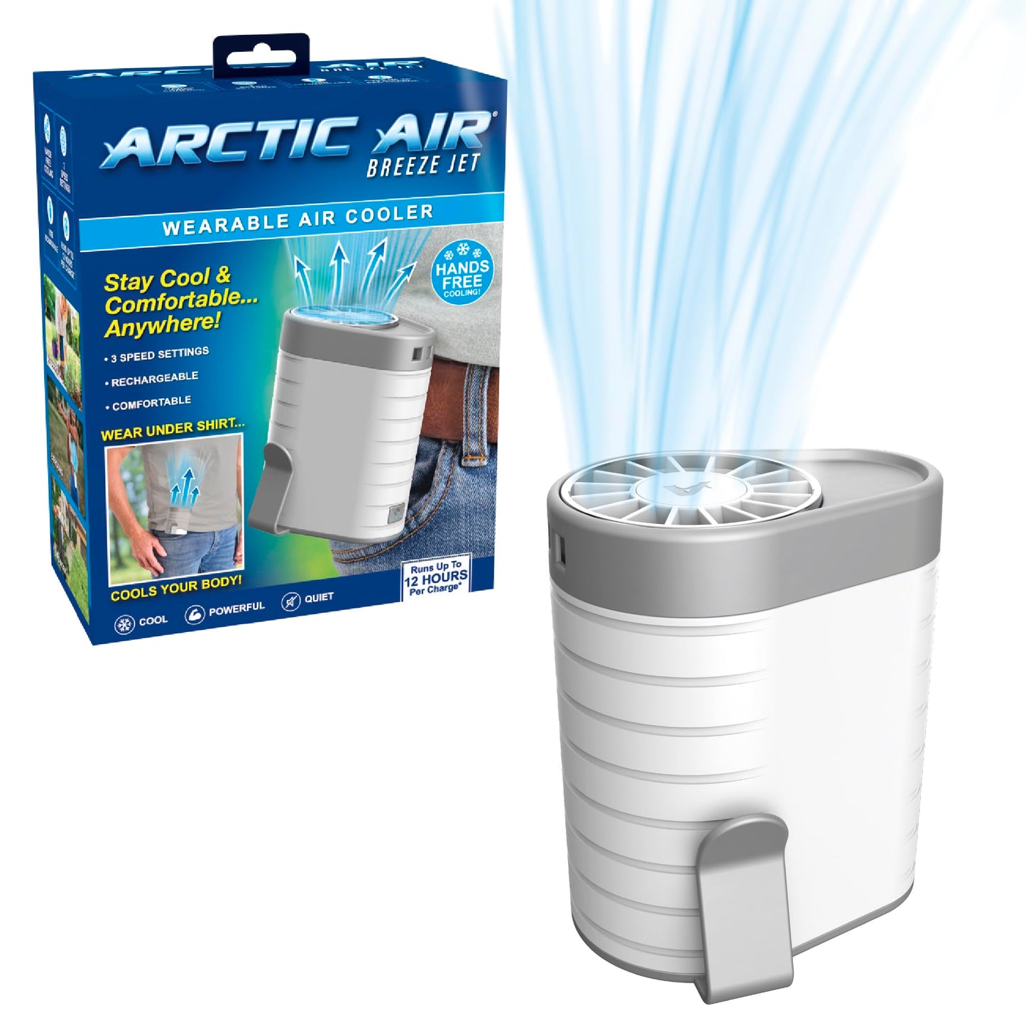 Arctic Air Breeze Jet Wearable Air Cooler, 3-Speed Portable Rechargeable Fan, Long-lasting, Lightweight Clip-On Neck & Waist Fan
