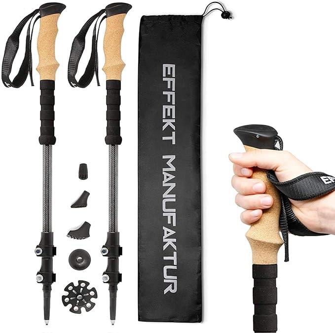 Effekt Carbon Trekking Poles Adjustable with Cork Grip & Bag - Hiking Poles, Telescopic Portable Nordic Walking Stick with...