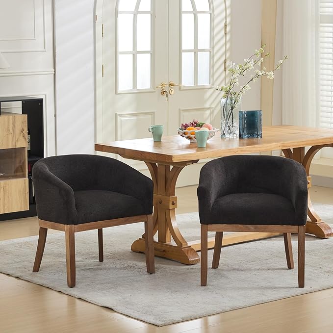 Shenyon Mid Century Modern Dining Chairs with Arms, Upholstered Linen Fabric Dining Room Chairs with Solid Wood Legs, Comfy Barrel Accent Chairs for Dining Room, Living Room, or Cafe,Black