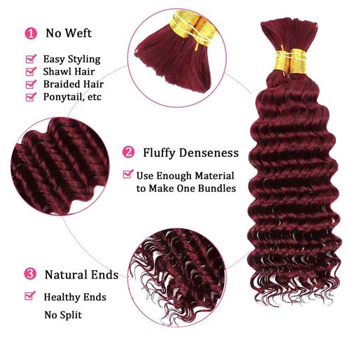 Human Braiding Hair 2 Bundles 100g 26Inch Deep Wave Bulk Human Hair for Braiding No Weft Curly Braiding Hair Bulk Curly Human Hair for Boho Braids 12A Brazilian Virgin Hair Extensions 99J