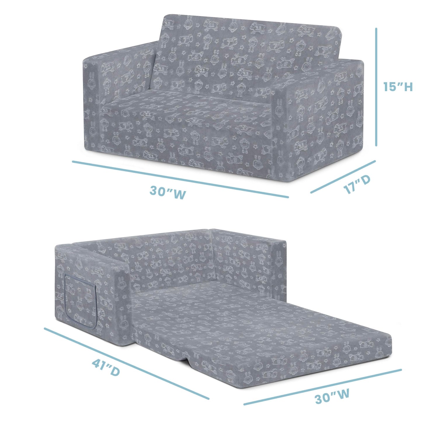 Serta Perfect Sleeper Extra Wide Convertible Sofa to Lounger - Comfy 2-in-1 Flip Open Couch/Sleeper for Kids, Grey