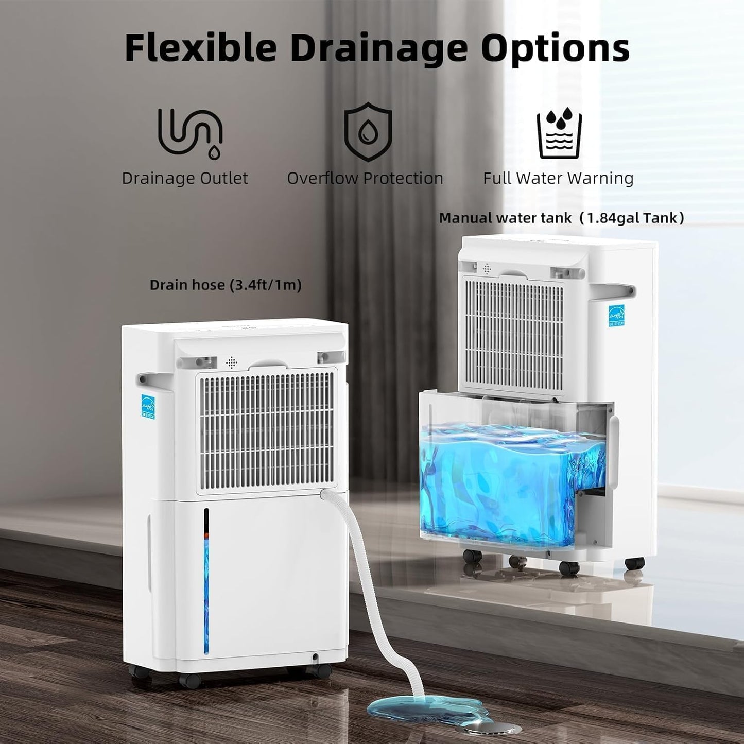 KeepGlad 80 Pint Dehumidifier with Drain Hose, 4,500 Sq.Ft Energy Star Compressor Dehumidifier for Home Basement Bedroom Bathroom Large Room, Intelligent Humidistat, 1.84 Gal Tank, Quiet 40dB