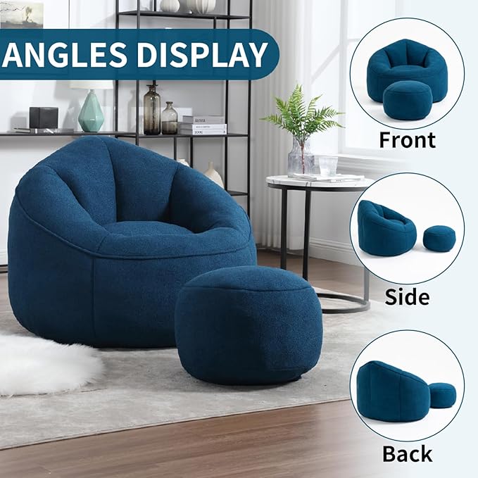Bean Bag Chairs, Gaint Bean Bag Couch with Memory Foam for Adults and Kids, Microfiber Upholstered Sofa with Ottoman, Comfy Lazy Bean Bag Reading Chair for Living Room