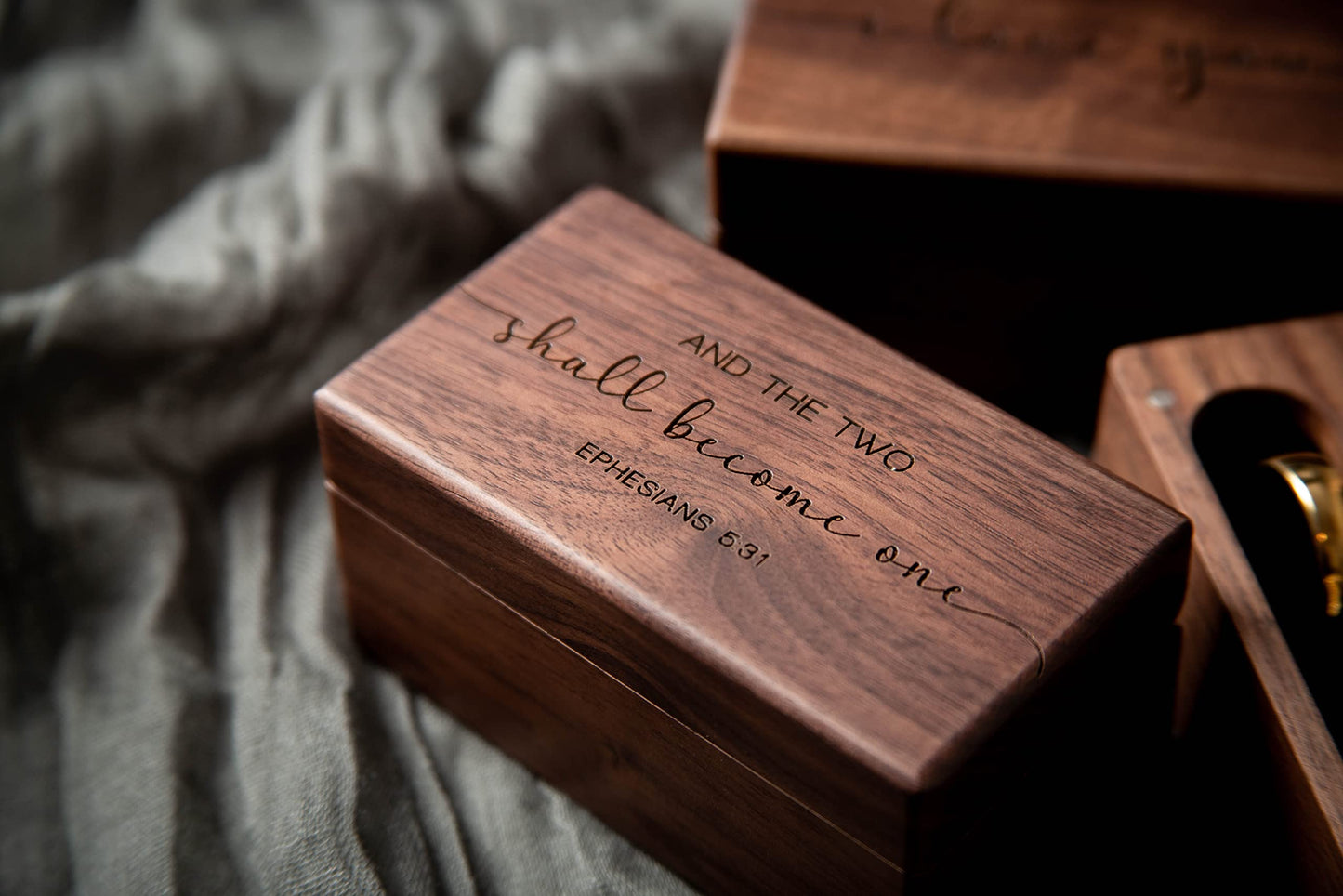 MUUJEE Engraved Ring Box (Two Become One) - Wedding Ring Bearer Box for 2 to 4 Rings Engagement Proposal Promise Ring Storage