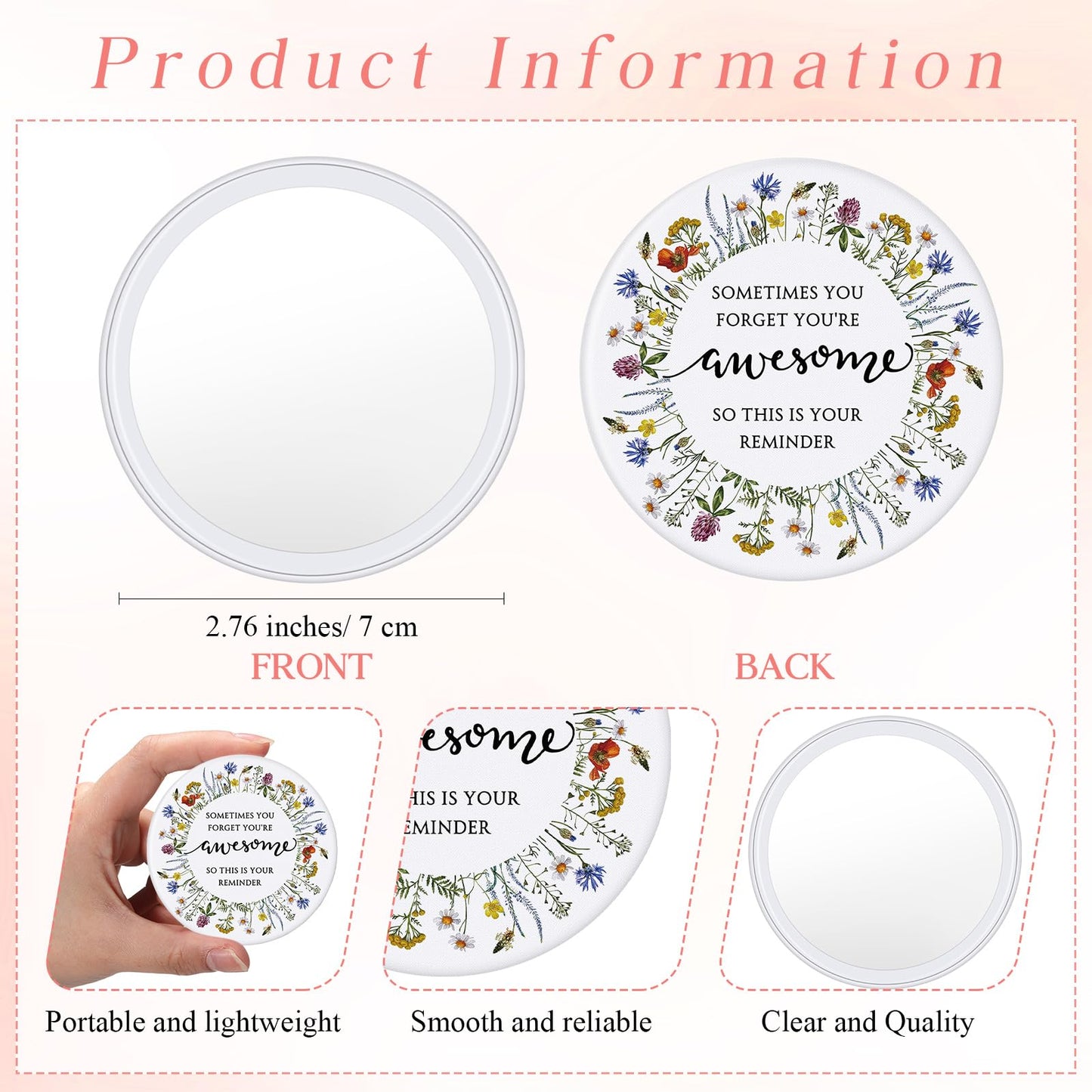 Cinnvoice 50 Set Inspirational Compact Mirror Bulk Appreciation Gifts for Women Mini Makeup Pocket Purse Mirror with Thank You C
