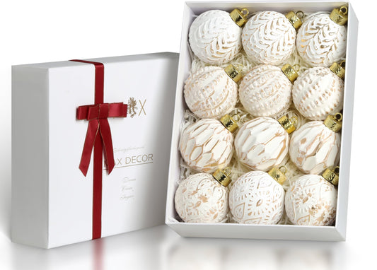 White and Gold Rustic Christmas Ball Ornaments, 3.15 inches Vintage Christmas Tree Decorations, 12 PCS Large Shatterproof Neutral Farmhouse Luxury Xmas Ornaments for Christmas Tree, Home Decor