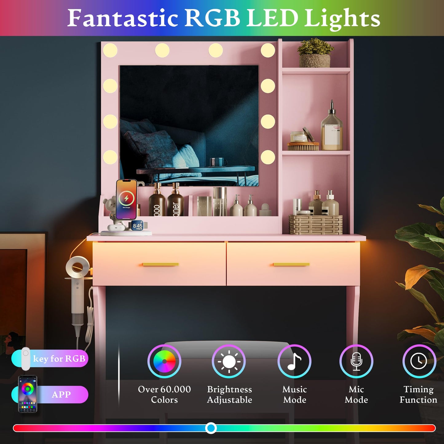 BORNOON Makeup Vanity Desk with Mirror and Lights, Small Makeup Vanity Table Set with Drawers, Power Outlet & Storage Stool, White Vanity with 3 Lighting Modes LED for Women Girls Bedroom