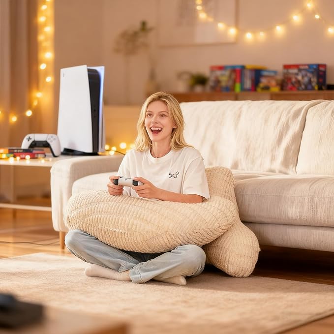 PAJEO Back Pillow for Bed Sitting Up,U Shaped & Back Support Pillow for Bed,19" Backrest with Lumbar & Arm Support,Comfy Corduroy Fabric,Lap Pillow for Gaming/Reading/Watching TV,White