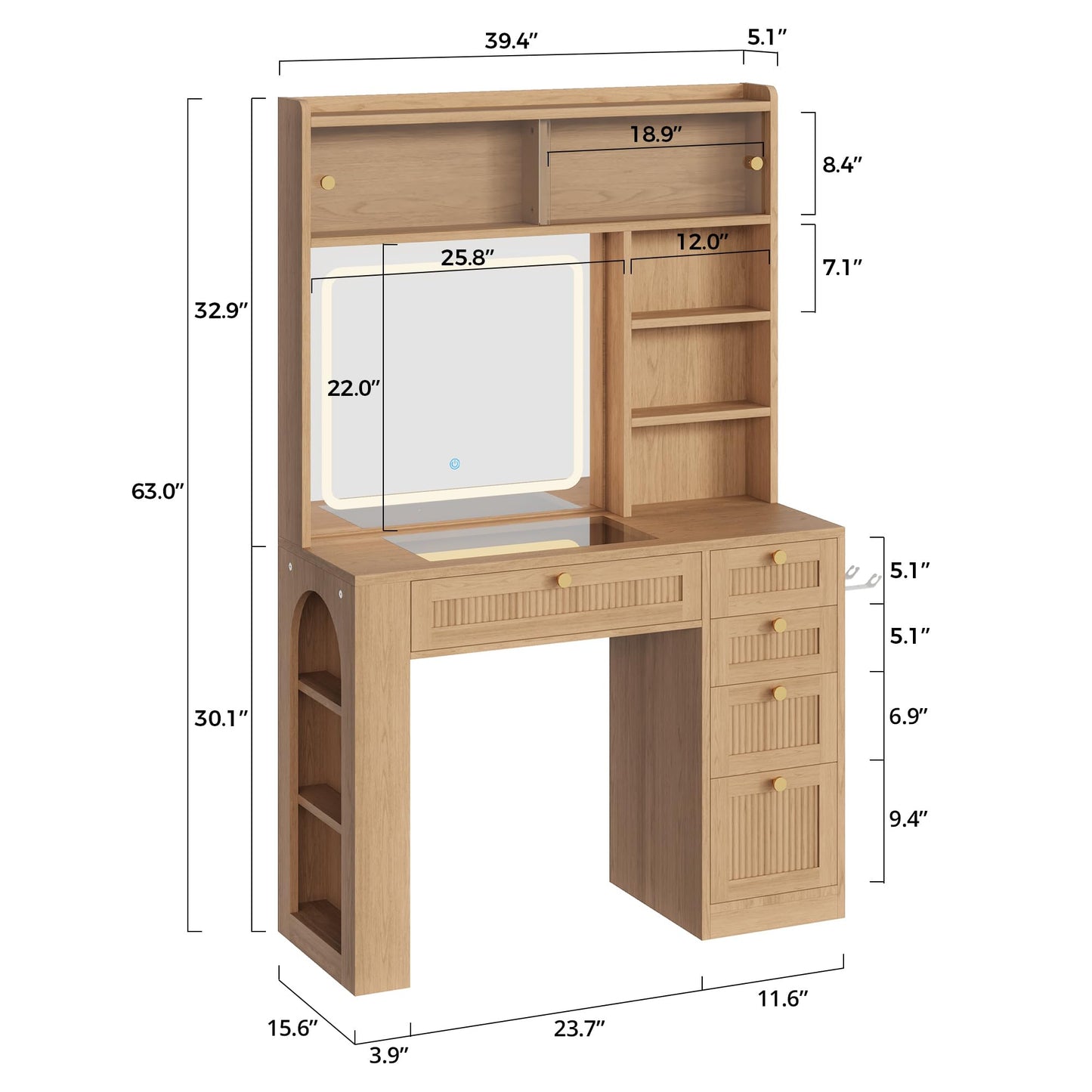 IRONCK Vanity Desk with LED Lighted Mirror, 3-Color Dimmable Makeup Vanity with Glass Top & Charging Station, 4 Drawers & Open Shelves, 63" H Vanity for Bedroom, White/Natural Wood