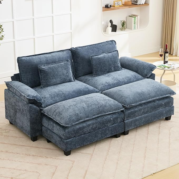 Oprisen 86" Modular Sectional Sofa, Comfy Cloud Couch Sectional Sofa with Ottoman, Chenille Sofa Sleeper Deep Seat Sofa with Throw Pillows for Living Room (Blue)