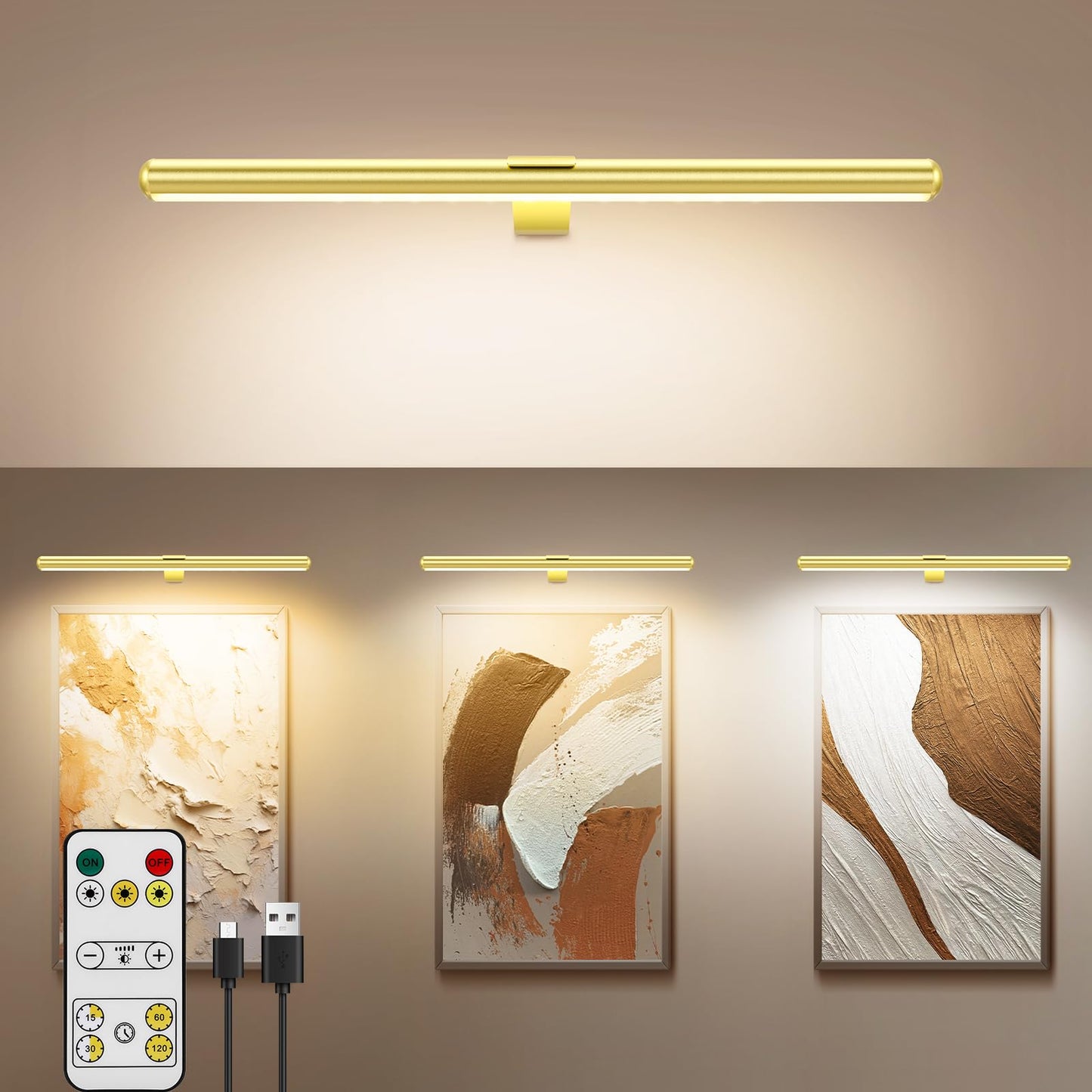 TINTINDOC 22'' Picture Light Gold for Painting with 3 Lighting,Rechargeable Wall Art Light for Painting Brightness Dimmable,Battery Display Accent Light for Picture Gallery Poster Frame Dartboard