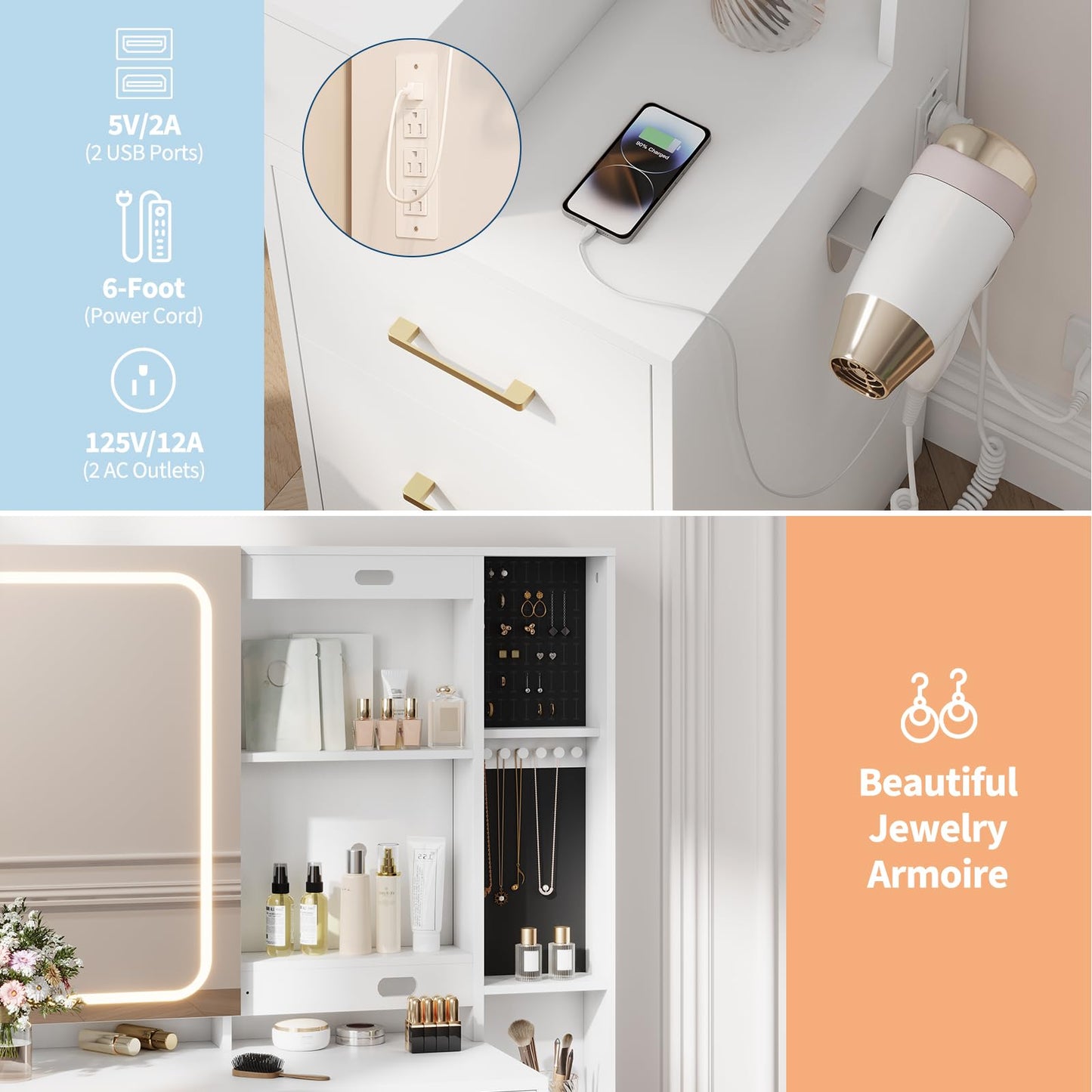 GlowSol Vanity Desk with Mirror and Lights, White Makeup Vanity with Jewelry Organizer, LED Glass Cabinet, 3 Light Modes, Power Outlet, 5 Drawers, Vanity Table Set with Padded Storage Stool