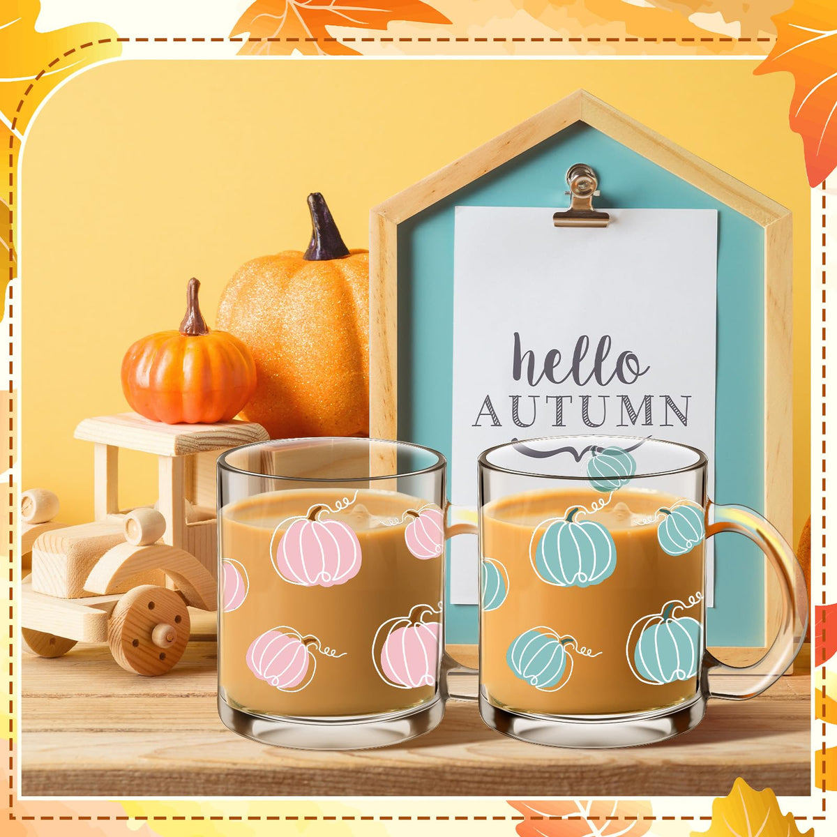 RimCereal 4 Pcs Thanksgiving Fall Glass Coffee Mugs with Handle Pumpkin Mug Cute Pumpkin Coffee Cups Autumn Harvest Fall Glass Cup for Drinking Beverage Tea Milk, 12oz