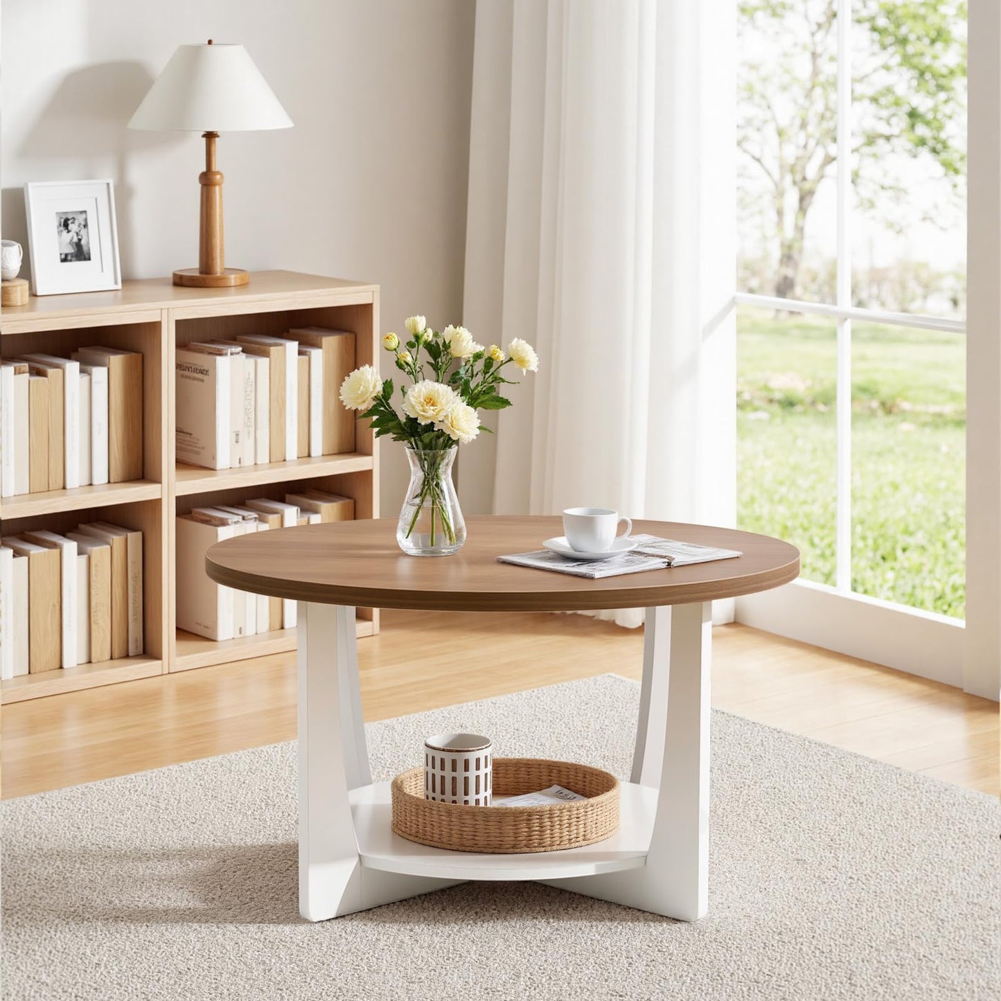 BECHAEO 31.5'' Round Coffee Table with Solid Wood Pine Legs, 2-Tier Rustic Round Coffee Table with Storage Shelf, Modern Wood Circle Coffee Table Farmhouse Center Table for Living Room, Walnut White
