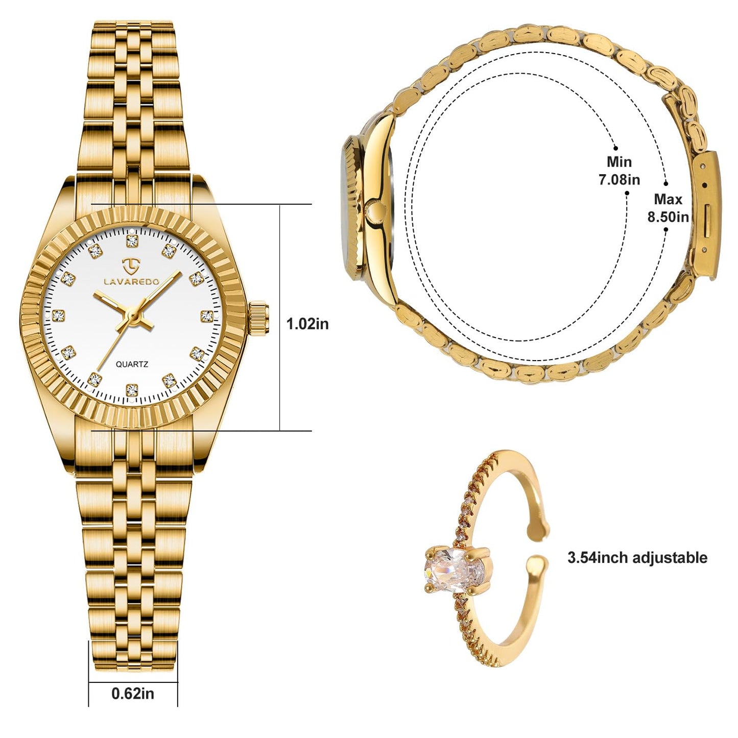 Timever Gold Womens Watch Set, 18K Gold Plated Bangle Bracelets Ring for Women, Dainty Ladies Wrist Waterproof Analog Watch with Luminous, Valentine Anniversary Birthday Gifts for Women