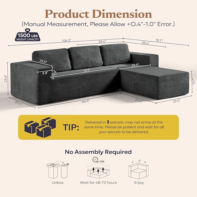 Furnify 106" Cloud Sectional Couch, Left/Right Facing Convertible Sofa with Deep Seat, L-Shape Modular Upholstered Foam Couch for Living Room Bedroom, No Assembly Required (Corduroy Fabric, Grey)