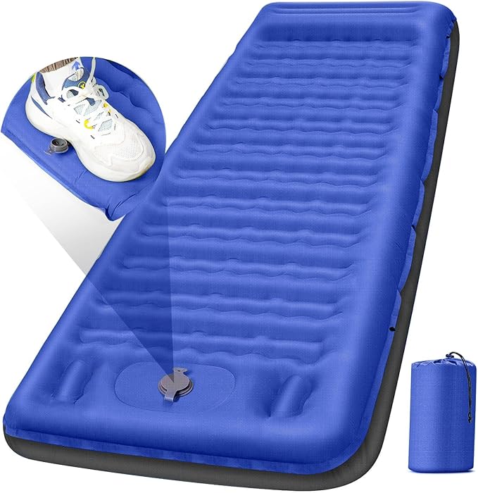 Camping Sleeping Pad, Extra Thick 5 Inch Camping Mat with Pillow, Built-in Foot Pump Inflatable Sleeping Pads Compact for Camping Backpacking Hiking Traveling Tent as Camping Essentials（Blue）