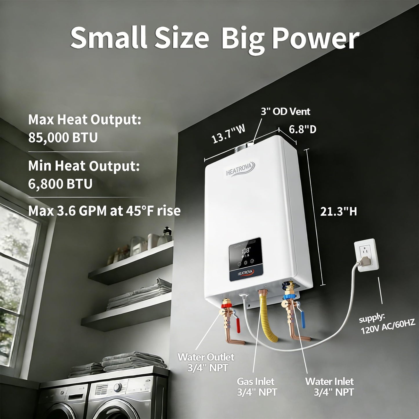 Propane Gas Tankless Water Heater Indoor,3.6 GPM 85,000 BTU,Instant Hot Water,Constant Temperature,Pure Copper Heat Exchanger,3/4" NPT Connection,On-Demand for 2–3 Fixtures, Apartment & Home Use
