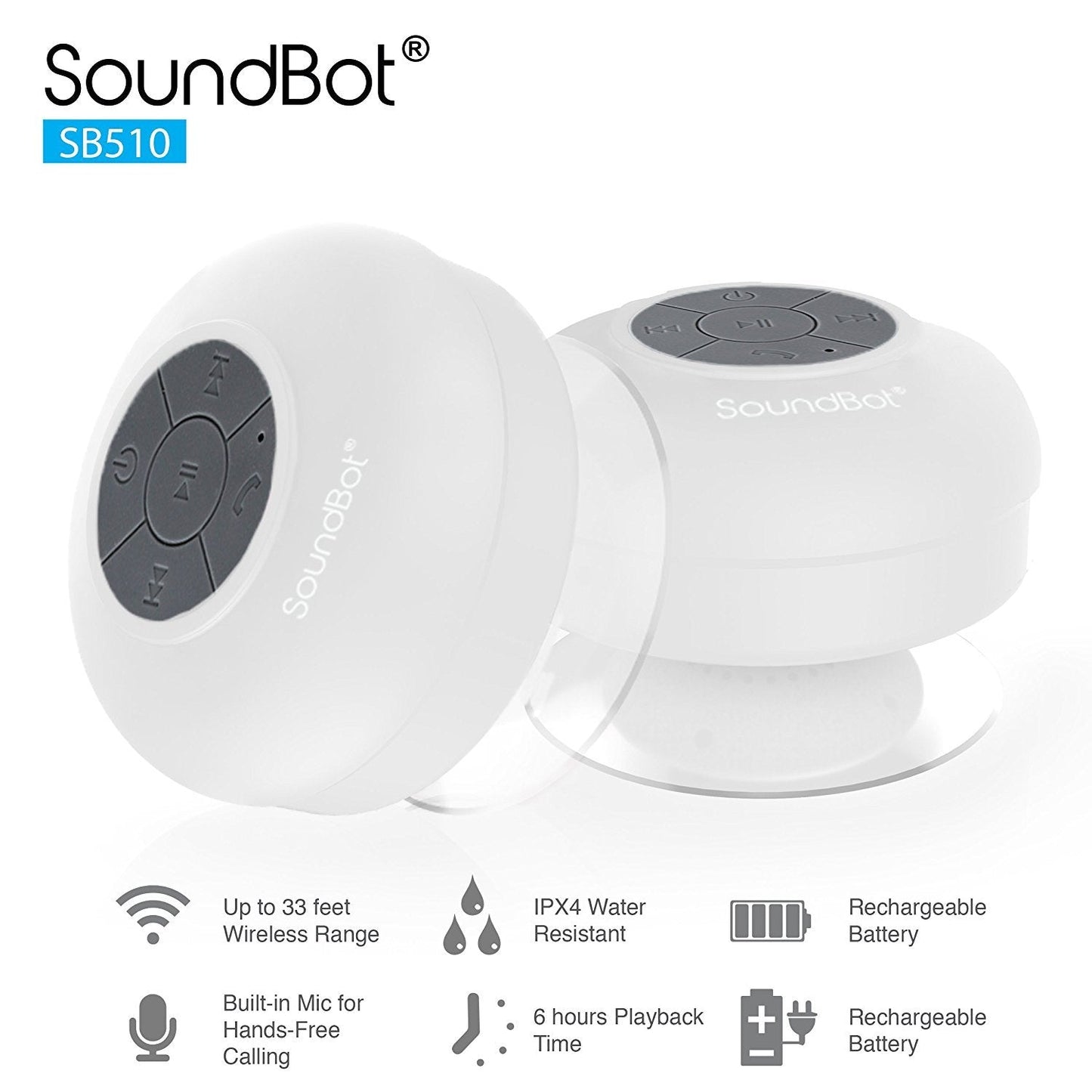 SoundBot® SB510 HD Water Resistant Bluetooth 4.0 Shower Speaker, Handsfree Portable Speakerphone with Built-in Mic, 6hrs of Playtime, Control Buttons and Dedicated Suction Cup for Showers (White)