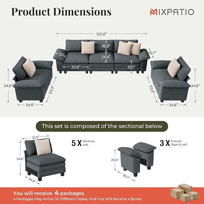 MIXPATIO Cloud Couch Sectional Sofa Set, Plush 24.4-Inch Deep 5-Seat Sectional with Velvety Chenille & Removable Arms for Living Room and Apartment, Cyan