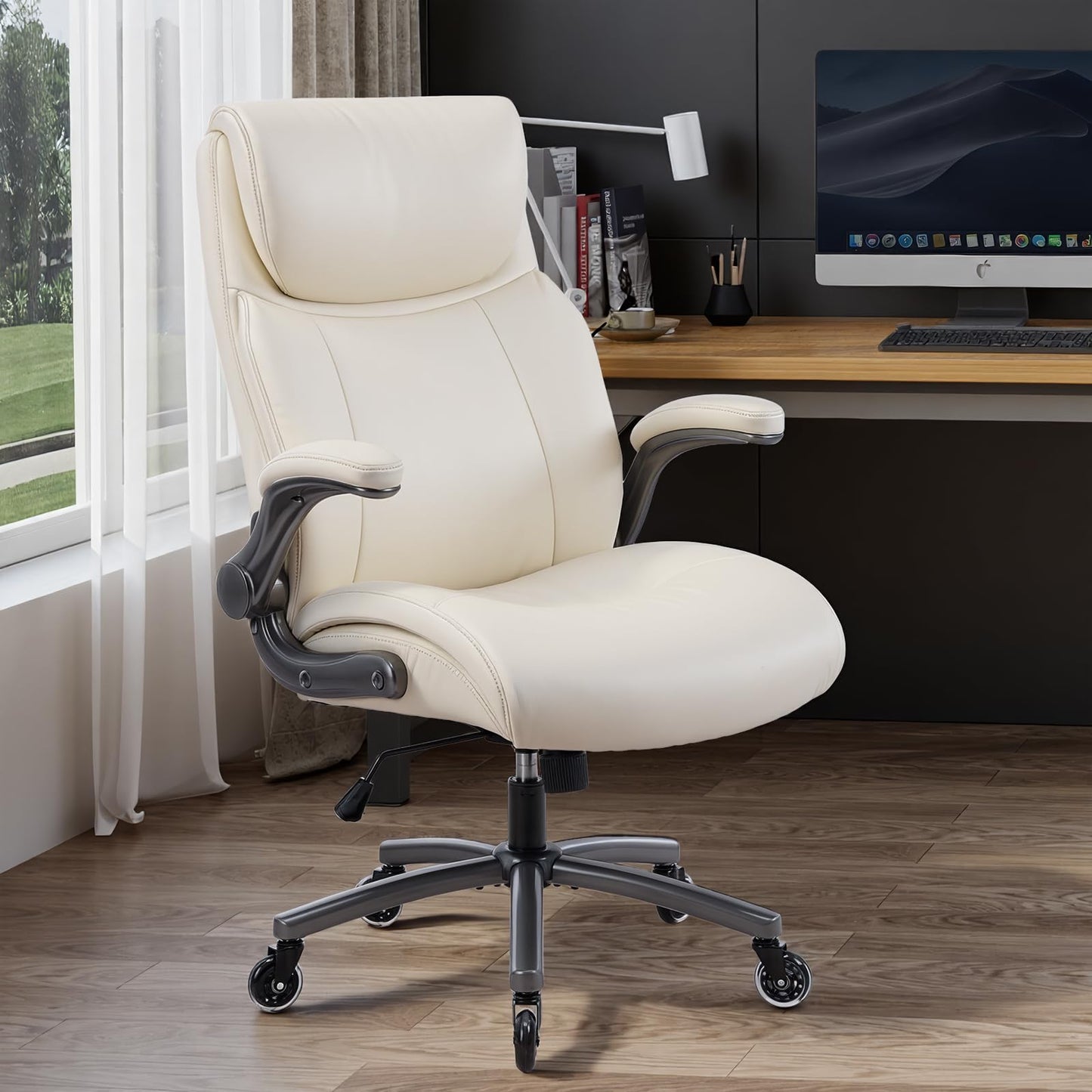 MALOL Ergonomic High-Back PU Leather Executive Office Chairs, Heavy Duty Home Computer Chair with Lumbar Support and Flip-Up Arms, 300lbs, Beige