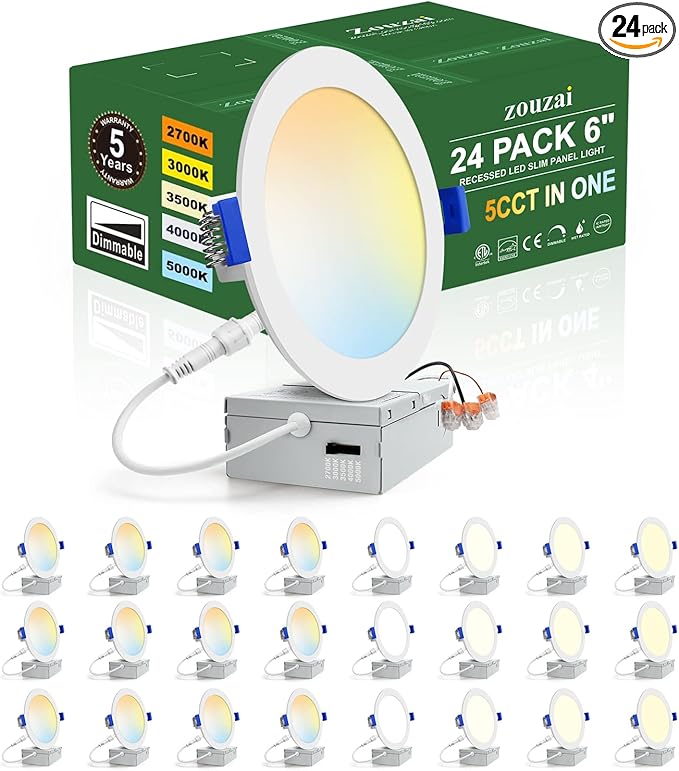 zouzai 24 Pack 6 Inch Ultra-Thin LED Recessed Ceiling Light with Junction Box 5CCT Adjustable Dimmable Can-Killer Downligh...