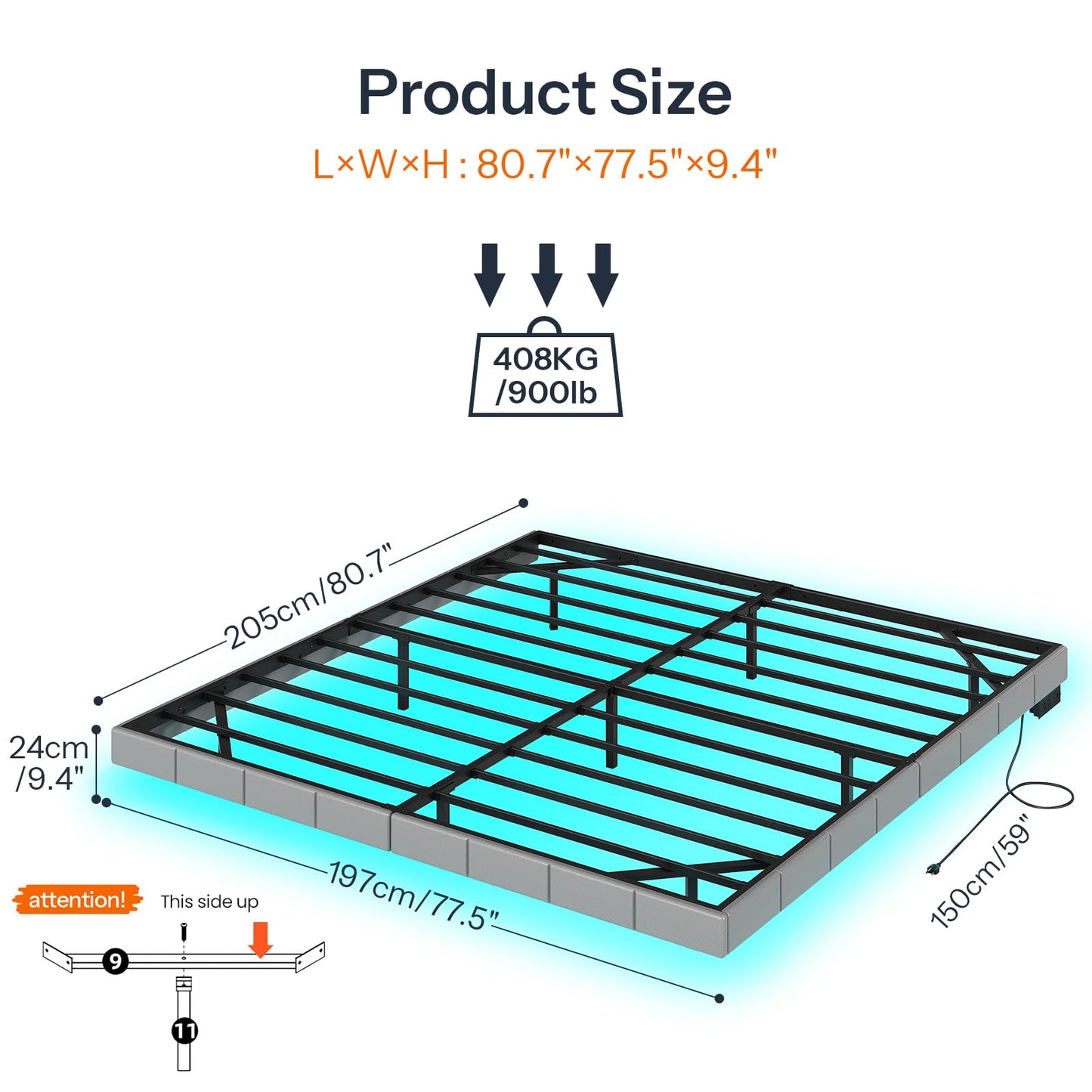 HOOBRO King Size Floating Bed Frame with LED Lights and Charging Station, Upholstered Platform Bed Frame King Size, Modern Metal Floating Bed Frame King, No Box Springs Needed, Grey