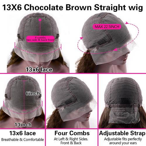 sterly 13x6 Straight Wigs Chocolate Brown Transarent HD Lace Front Wigs Human Hair with Baby Hair 180 Density Straight Glueless Wigs Pre Plucked Hairline 4# Brown Color (22 Inch, 4 Brown)