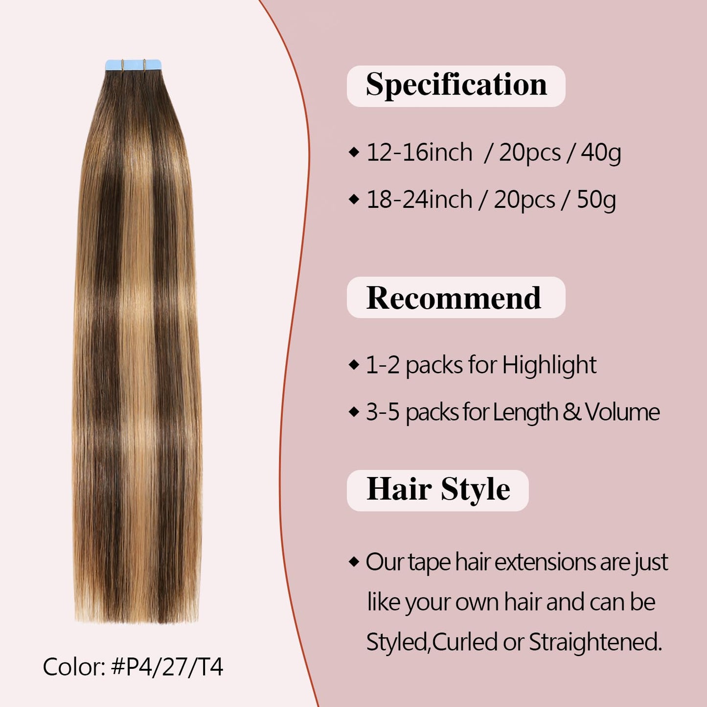 Sunya Tape in Hair Extensions Human Hair Balayage Chocolate Brown to Caramel Blonde 22 Inch 50g/pack 20pcs Straight Seamless Ski