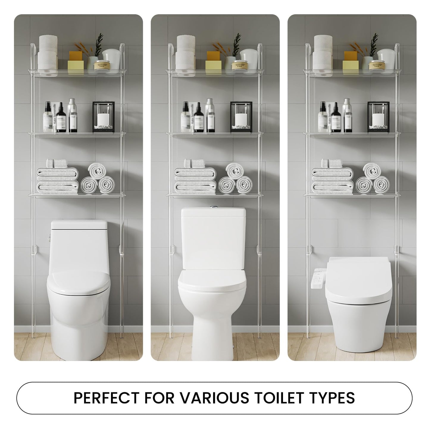 Sumerflos Acrylic Over The Toilet Storage Shelf - 3 Tier Clear Over-The-Toilet Bathroom Organizer Rack Above Toilet Shelves Standing for Bathroom Living Room Bedroom Modern