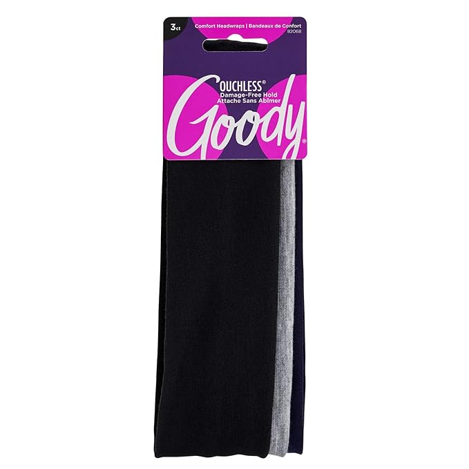 Goody Ouchless Comfort Head Wraps - 3 Ct, Black/Grey/Navy Blue, Soft & Stretchy Fabric Headbands for Women & Men, Secure H...