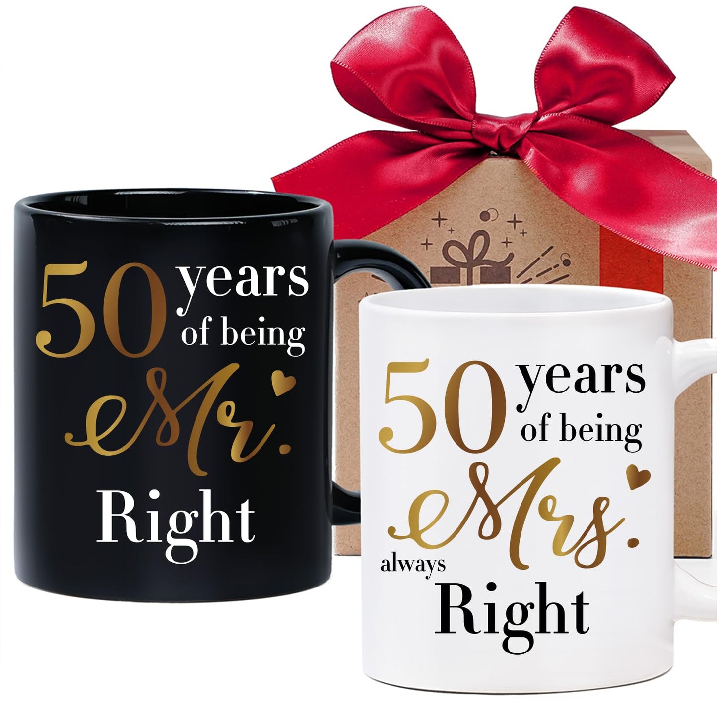 ZWV 50th Anniversary Coffee Mug Set, Ideal Gift for Mr Right/Mrs Always Right, 50th Wedding Anniversary Decoration Gift Cup for Couples Parents Grandparents, 2 Black and White Mugs-z34