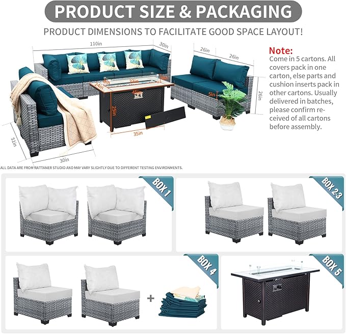Outdoor Sectional Patio Furniture 45 In Fire Pit 9-Piece Patio Sectional Outdoor Furniture 60000 BTU Steel Propane Fire Pit Table Glass Wind Guard No-Slip 5" Cushions Waterproof Covers, Peacock Blue