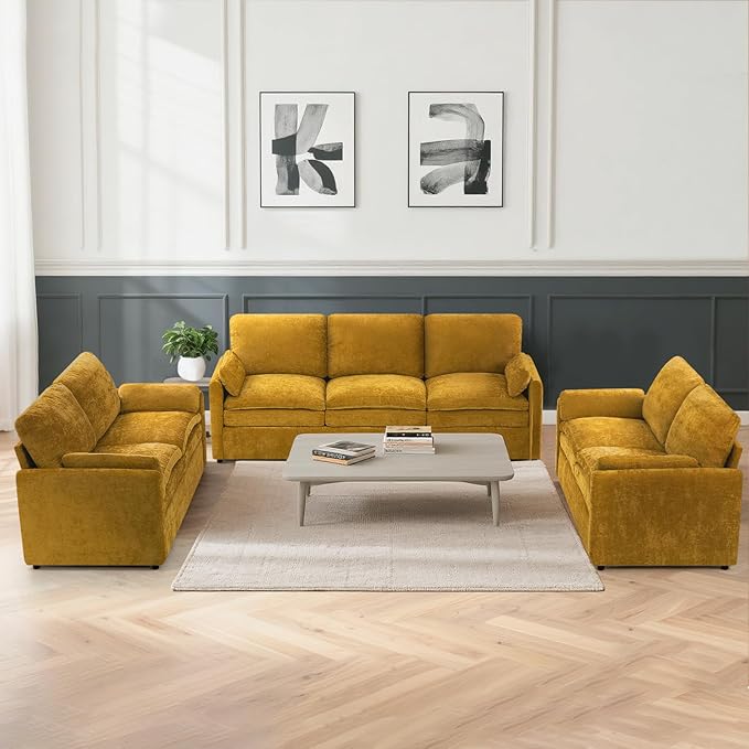 ACMEASE 3 Pieces Chenille Sofa Set w/Arm Pillows, Upholstered 2 Pieces Loveseat & 3 Seater Sofa w/Comfortable Back Cushions, Modern 2-Seat & 3-Seat w/High-Density Foam for Living Room, Yellow
