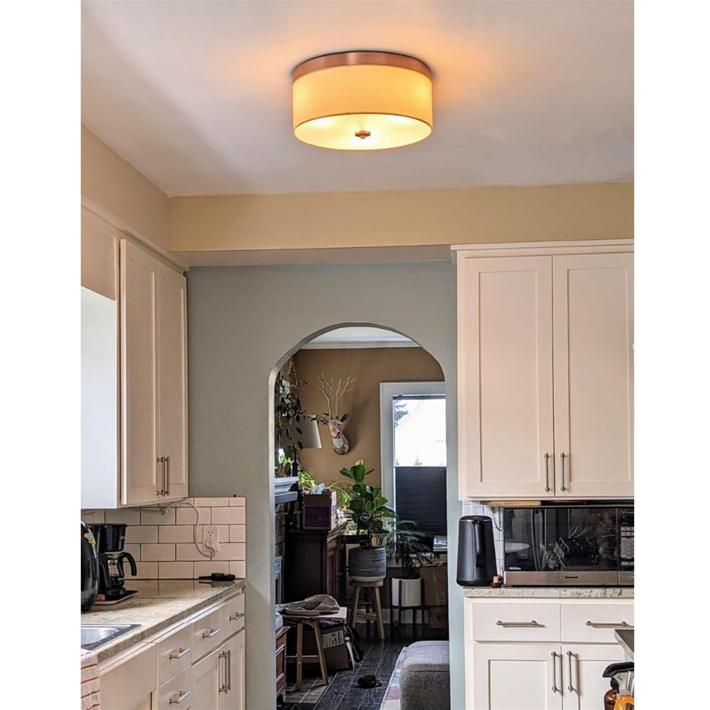 Kira Home Walker 15" Mid-Century Modern 3-Light Flush Mount Ceiling Light, Cream Fabric Shade + Round Glass Diffuser, Copper Bronze Finish