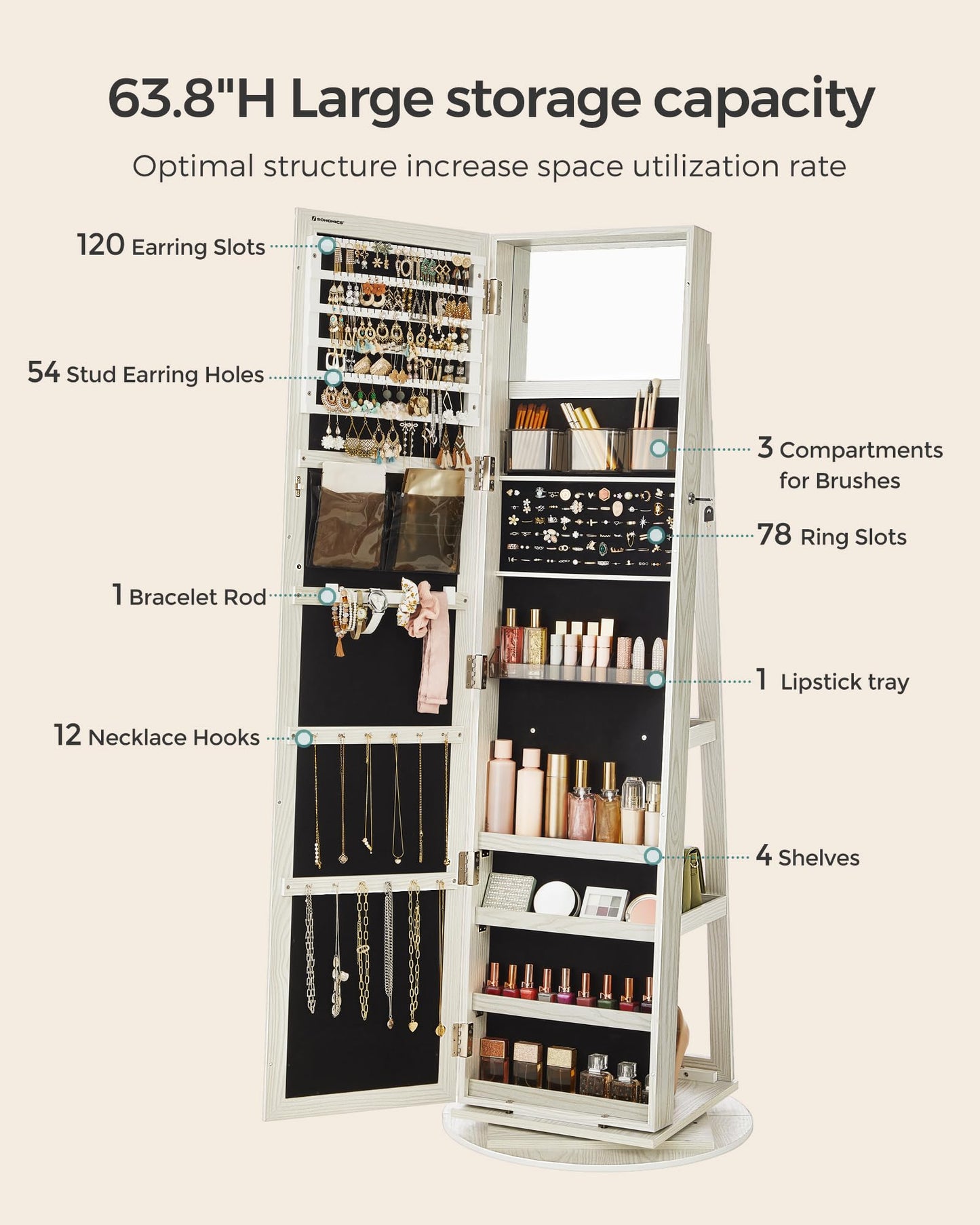 SONGMICS 360° Swivel Jewelry Cabinet, Lockable Jewelry Organizer with Full-Length Mirror, Rear Storage Shelves, Interior Mirror, Jewelry Armoire, Gift Idea, White with Gray Wood Grain UJJC006W01
