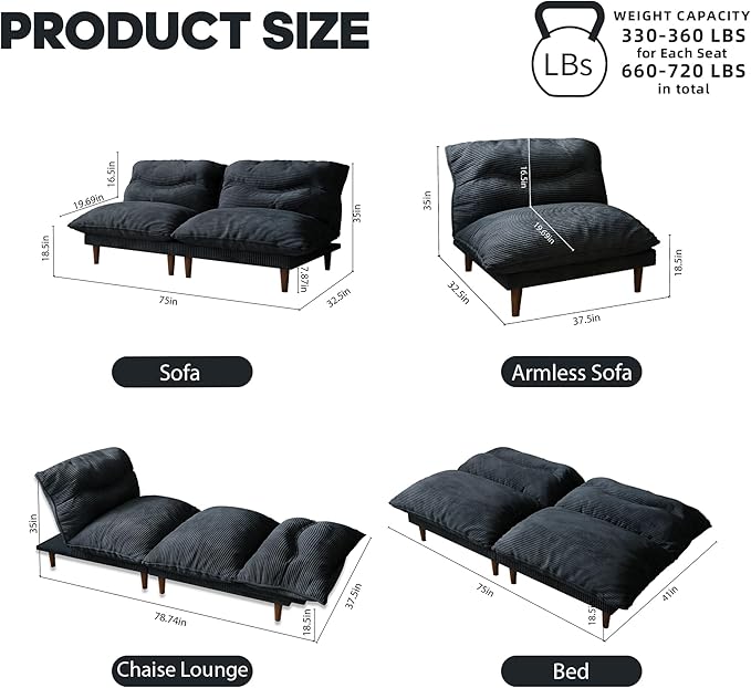DreamDashio Futon Sofa Bed, 4 in 1 Multi-Functional Futon Couch with Adjustable Backrest, Convertible Sleeper Sofa Bed and Recliner Lounge, Loveseat for Living Room, Apartment, Office, 3 Sets, Black